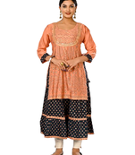 Women cotton hand foil print light embaroidery work double layered kurtis