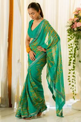 Teal Georgette Abstract Print Lace Border Saree With Unstitched Blouse Piece 2