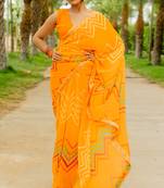 Light Orange Georgette Chevron/Zig Zag Print Lace Border Saree With Unstitched Blouse Piece
