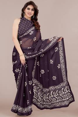 Dark Wine Chiffon Batik Print/Block Print Printed Saree With Unstitched Blouse Piece 1