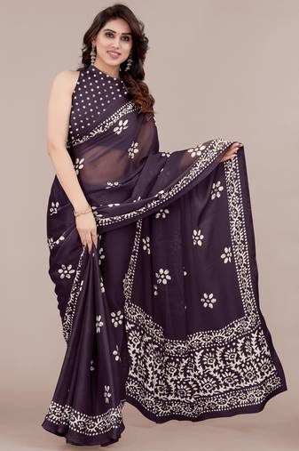 Dark Wine Chiffon Batik Print/Block Print Printed Saree With Unstitched Blouse Piece