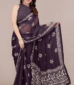 Dark Wine Chiffon Batik Print/Block Print Printed Saree With Unstitched Blouse Piece