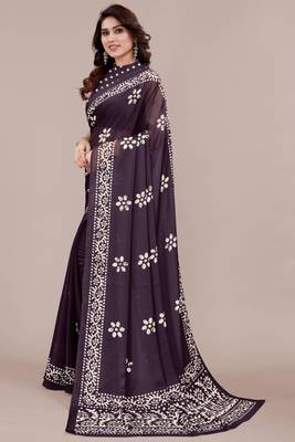 Dark Wine Chiffon Batik Print/Block Print Printed Saree With Unstitched Blouse Piece 2