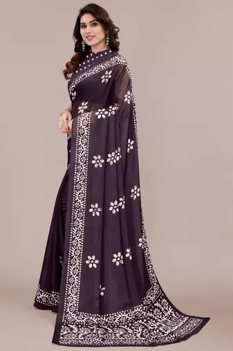 Dark Wine Chiffon Batik Print/Block Print Printed Saree With Unstitched Blouse Piece