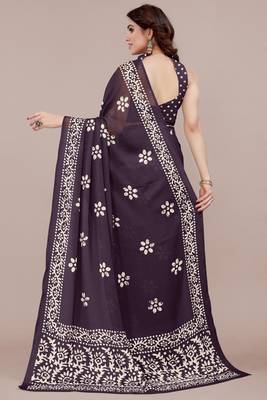 Dark Wine Chiffon Batik Print/Block Print Printed Saree With Unstitched Blouse Piece 3