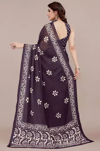 Dark Wine Chiffon Batik Print/Block Print Printed Saree With Unstitched Blouse Piece