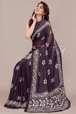 Dark Wine Chiffon Batik Print/Block Print Printed Saree With Unstitched Blouse Piece 4
