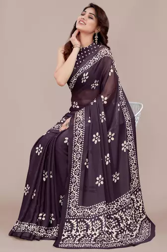 Dark Wine Chiffon Batik Print/Block Print Printed Saree With Unstitched Blouse Piece