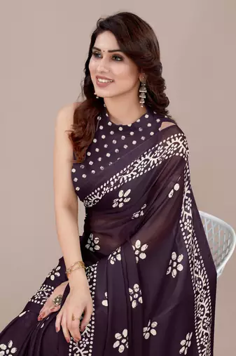 Dark Wine Chiffon Batik Print/Block Print Printed Saree With Unstitched Blouse Piece