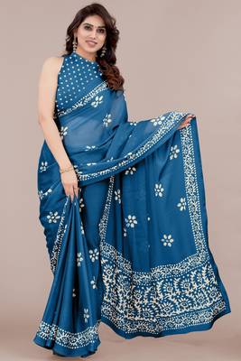 Rama Blue Chiffon Batik Print/Block Print Printed Saree With Unstitched Blouse Piece 1