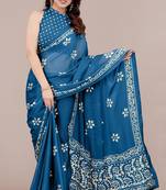 Rama Blue Chiffon Batik Print/Block Print Printed Saree With Unstitched Blouse Piece