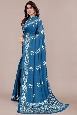 Rama Blue Chiffon Batik Print/Block Print Printed Saree With Unstitched Blouse Piece 2