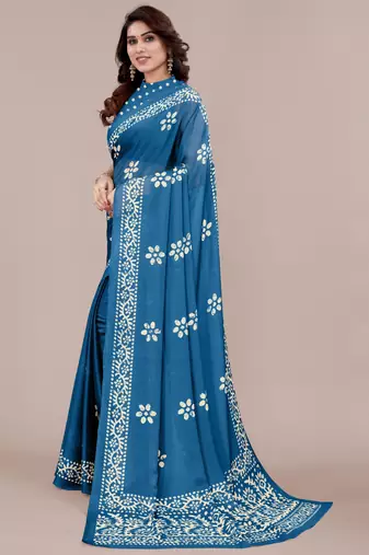Rama Blue Chiffon Batik Print/Block Print Printed Saree With Unstitched Blouse Piece