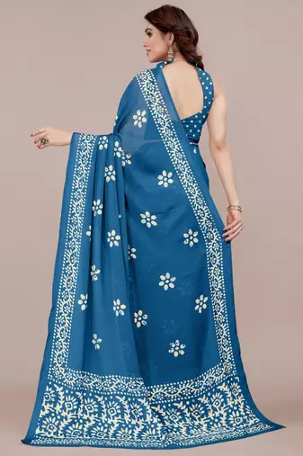 Rama Blue Chiffon Batik Print/Block Print Printed Saree With Unstitched Blouse Piece