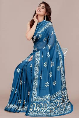 Rama Blue Chiffon Batik Print/Block Print Printed Saree With Unstitched Blouse Piece 4