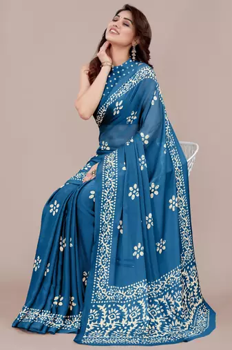 Rama Blue Chiffon Batik Print/Block Print Printed Saree With Unstitched Blouse Piece