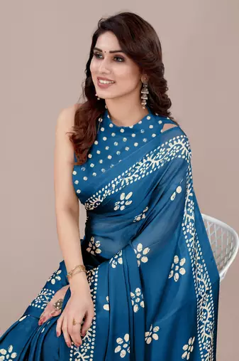 Rama Blue Chiffon Batik Print/Block Print Printed Saree With Unstitched Blouse Piece