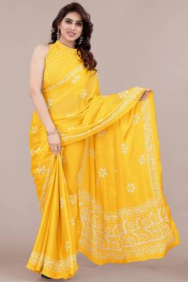 Yellow Chiffon Batik Print/Block Print Printed Saree With Unstitched Blouse Piece 1