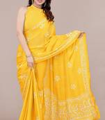 Yellow Chiffon Batik Print/Block Print Printed Saree With Unstitched Blouse Piece