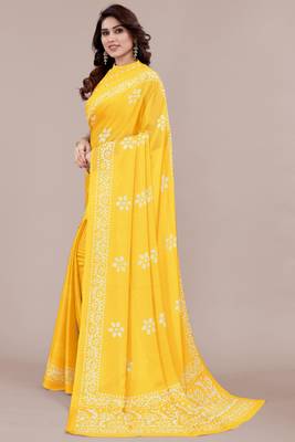 Yellow Chiffon Batik Print/Block Print Printed Saree With Unstitched Blouse Piece 2