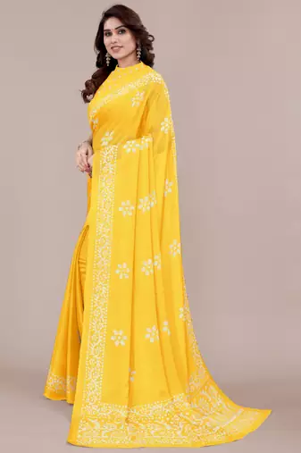 Yellow Chiffon Batik Print/Block Print Printed Saree With Unstitched Blouse Piece