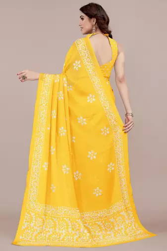 Yellow Chiffon Batik Print/Block Print Printed Saree With Unstitched Blouse Piece