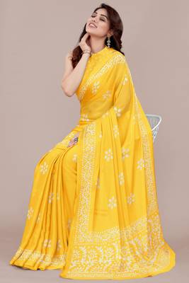 Yellow Chiffon Batik Print/Block Print Printed Saree With Unstitched Blouse Piece 4