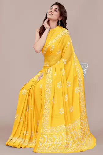 Yellow Chiffon Batik Print/Block Print Printed Saree With Unstitched Blouse Piece