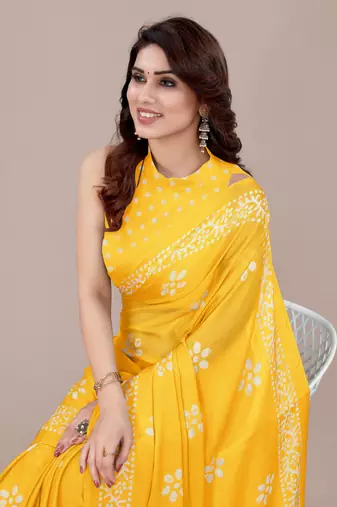 Yellow Chiffon Batik Print/Block Print Printed Saree With Unstitched Blouse Piece