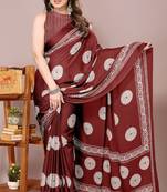Maroon Chiffon Block Print/Batik Print Printed Saree With Unstitched Blouse Piece