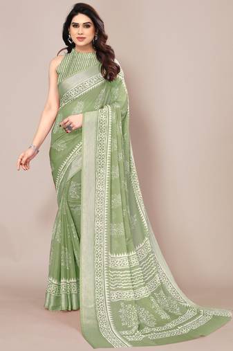 Dusty Green Chiffon Block Print/Batik Print Zari Border Saree With Unstitched Blouse Piece