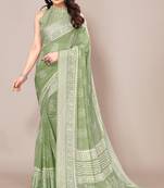 Dusty Green Chiffon Block Print/Batik Print Zari Border Saree With Unstitched Blouse Piece