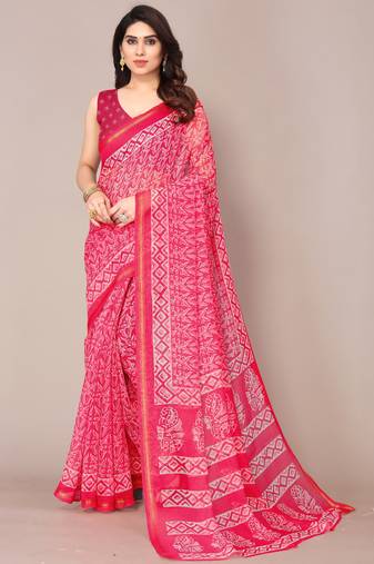 Crimson Cotton Blend Batik Print Block Golden Zari Border Saree With Unstitched Blouse Piece