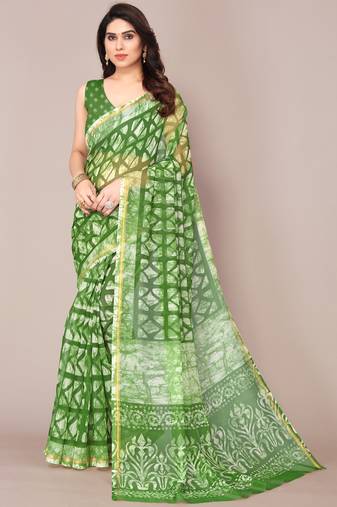 Green Cotton Blend Block Print Golden Zari Border Saree With Unstitched Blouse Piece