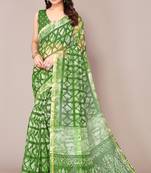 Green Cotton Blend Block Print Golden Zari Border Saree With Unstitched Blouse Piece
