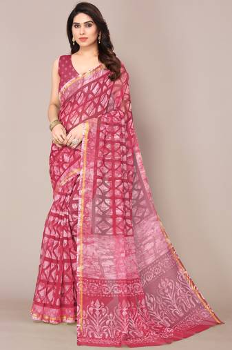 Dusty Red Cotton Blend Block Print Golden Zari Border Saree With Unstitched Blouse Piece