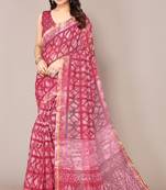 Dusty Red Cotton Blend Block Print Golden Zari Border Saree With Unstitched Blouse Piece