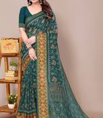 Dark Rama Green Cotton Blend Kalamkari Print Floral Zari Border Saree With Unstitched Blouse Piece