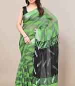 Light Green Cotton Blend Block Print Satin Border Saree With Unstitched Blouse Piece