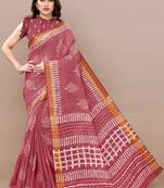 Maroon Cotton Blend Block Print/Katha Work Golden Zari Border Saree With Unstitched Blouse Piece