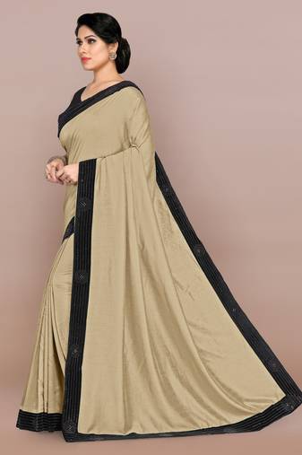Dusty Ivory Vichitra Silk/Silk Blend Plain Lace Border Saree With Unstitched Blouse Piece