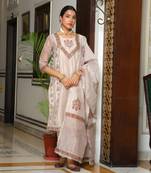 Vaasva women grey chanderi block printed embroidered kurta set with solid pants & dupatta