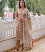 Vaasva women brown linen kurta embroidered kurta set with solid pants & dupatta