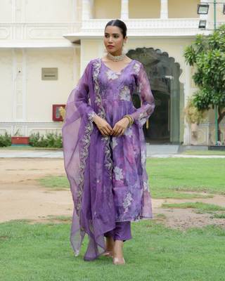 Vaasva women purple  embroidered anarkali kurta with solid pant & dupatta 1