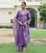 Vaasva women purple  embroidered anarkali kurta with solid pant & dupatta