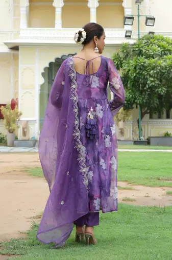 Vaasva women purple  embroidered anarkali kurta with solid pant & dupatta