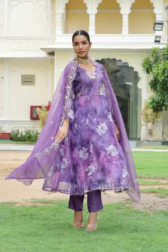 Vaasva women purple  embroidered anarkali kurta with solid pant & dupatta