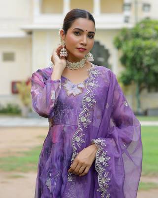 Vaasva women purple  embroidered anarkali kurta with solid pant & dupatta 4