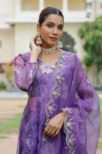 Vaasva women purple  embroidered anarkali kurta with solid pant & dupatta