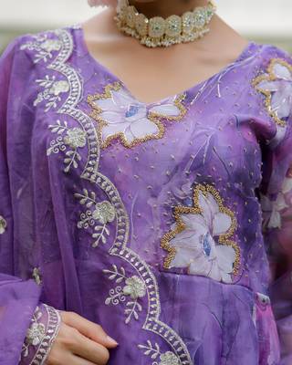 Vaasva women purple  embroidered anarkali kurta with solid pant & dupatta 5